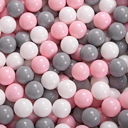 KiddyMoon 100 ∅ 7Cm Bolas Colores De Plástico para Piscina Certificadas para Niños, Blanco/Gris/Rosa Claro