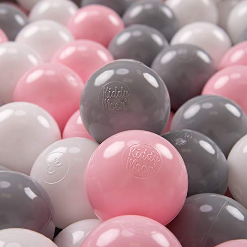 KiddyMoon 100 ∅ 7Cm Bolas Colores De Plástico para Piscina Certificadas para Niños, Blanco/Gris/Rosa Claro