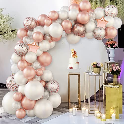 Kit de Arco de Globos Boda, Rosa Dorado Blanco Globos Fiesta Cumpleaños con Globos de Confeti, Kit Arco Guirnalda Globos para Niñas Mujeres Decoraciones de Fiesta de Cumpleaños (85 Piezas)