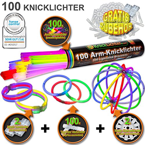 KnickLichter Glowinx - 100 barras luminosas, mexcla de 7 colores, set completo incl. 100 x conectores TopFlex, 2 x conectores triples y 2 x conectores circulares