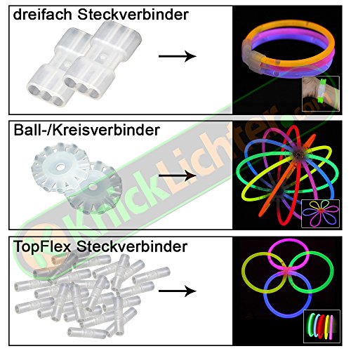 KnickLichter Glowinx - 100 barras luminosas, mexcla de 7 colores, set completo incl. 100 x conectores TopFlex, 2 x conectores triples y 2 x conectores circulares