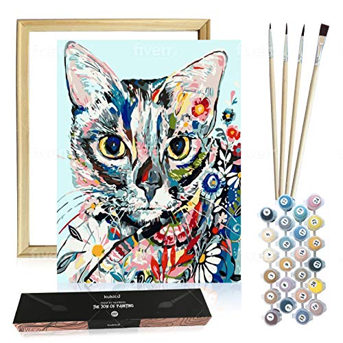 Kukicu Pintar por Numeros Adultos con Marco - Lienzo Enrollado sin arrugas - Cuadro para Pintar con Pinceles Pinturas al Oleo - DIY Kit - Arte y Manualidades (40 * 50cm, Con Marco) - Gato