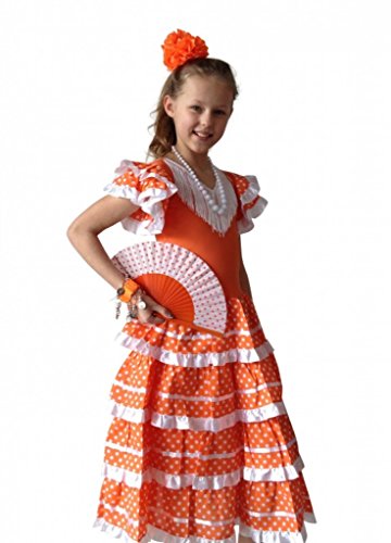 La Senorita Vestido Flamenco Español Traje de Flamenca Chica/niños Naranja Blanco (Talla 10, 128-134 - 85 cm, 7/8 años, Naranja)