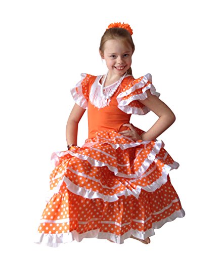 La Senorita Vestido Flamenco Español Traje de Flamenca Chica/niños Naranja Blanco (Talla 10, 128-134 - 85 cm, 7/8 años, Naranja)