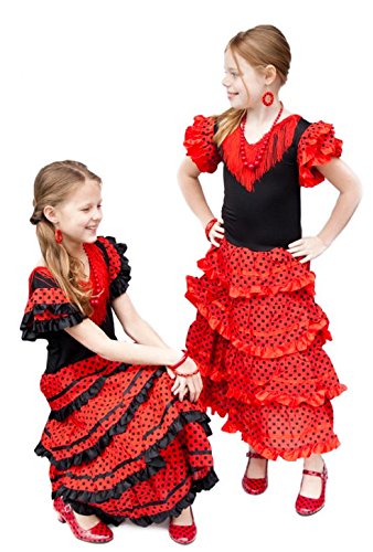 La Senorita Vestido Flamenco Sevillana Español Traje de Flamenca chica/niños rojo negro