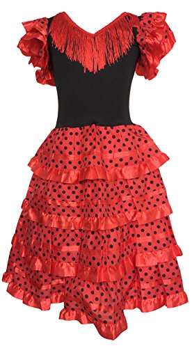 La Senorita Vestido Flamenco Sevillana Español Traje de Flamenca chica/niños rojo negro