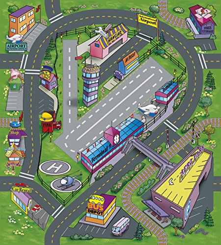 Leomark Alfombra Infantil Diseño De Ciudad Casas Calles Dibujos De Pueblo Cubrepisos para Salas Bebés para Juegos Multicolor, Verde, Dim: 140 x 160 cm