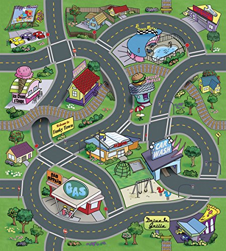 Leomark Alfombra Infantil Diseño De Ciudad Casas Calles Dibujos De Pueblo Cubrepisos para Salas Bebés para Juegos Multicolor, Verde, Dim: 140 x 160 cm