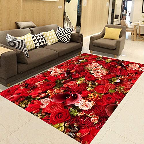 Lishiguli Carpet Alfombra LigeraTurnTrug Arrojado Decorativo Rojo Rosa Patrón de Rosa Amor Alfombra Casa Decoración Sofá Balcón Anti-Mito Fácil de vacío Alfombra Grande-Red_80x160cm