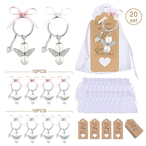 Llaveros del ángel de la guarda 20 piezas colgantes de ángel blanco con cinta blanca/rosa, 20PCS Bolsas de organza, 20PCS Etiqueta de papel Kraft, para bautizo de bebé, boda, fiesta de Navidad