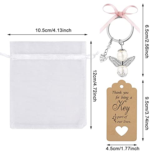 Llaveros del ángel de la guarda 20 piezas colgantes de ángel blanco con cinta blanca/rosa, 20PCS Bolsas de organza, 20PCS Etiqueta de papel Kraft, para bautizo de bebé, boda, fiesta de Navidad