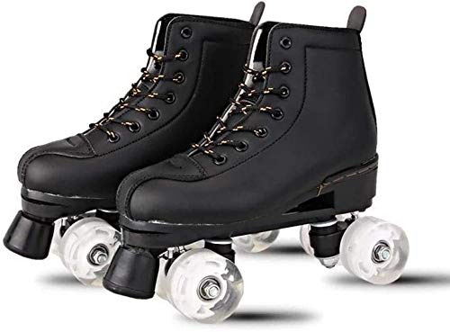 Lloow Patines de Las Mujeres al Aire Libre, de Dos hileras de 4 Ruedas de Caucho Ajustable Patines de Rodillos de Cuero clásico del patín por el tamaño del Adulto,Black no Flash Wheel,45