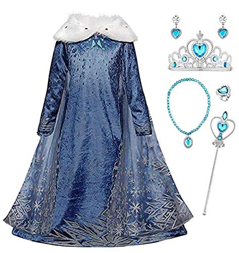 LOBTY Niñas Cosplay Vestido de Princesa Elsa con Capa Vestido de Nieve Manga Larga Vestido Largo Disfraz Azul Dulce Disfraz Ceremonia de Fiesta Halloween Navidad 3-9 años 110-150cm