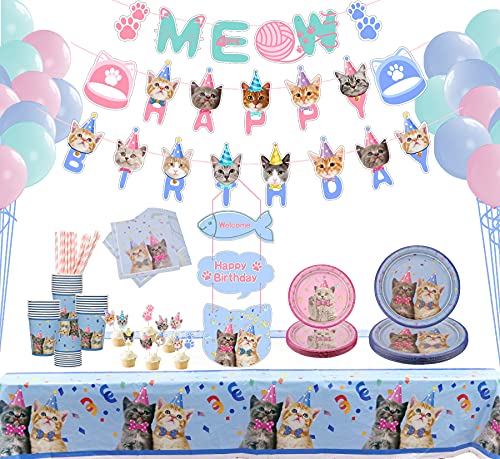 LSJDEER 210 Piezas del Partido del Gato de Disfraces Conjunto, Gatito desechable vajillas Incluyendo Bandera del Feliz cumpleaños Globos Macaron Platos Platos de Postre servilletas Vasos Cubiertos