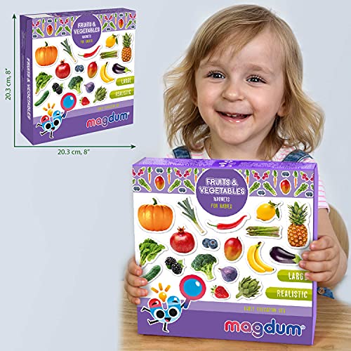 MAGDUM Imanes Nevera niños Frutas y Vegetales - 50 Grandes imanes Bebes - Montessori Bebe - Juguetes Bebes - Juegos educativos niños - Nevera Juguete - Iman de Nevera - Cocina Juguete - Set cocinita