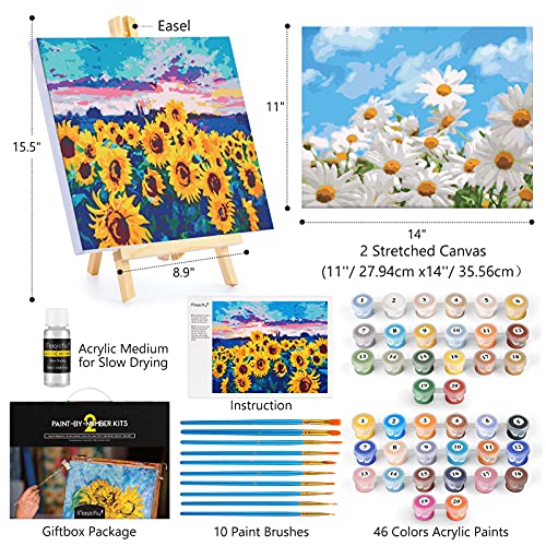 Magicfly Pintar por Numeros con Marco para Adultos Principiante, Flores Girasol, Margarita Kit de DIY Pintura Acrílica con caballete de madera, 10 Pinceles