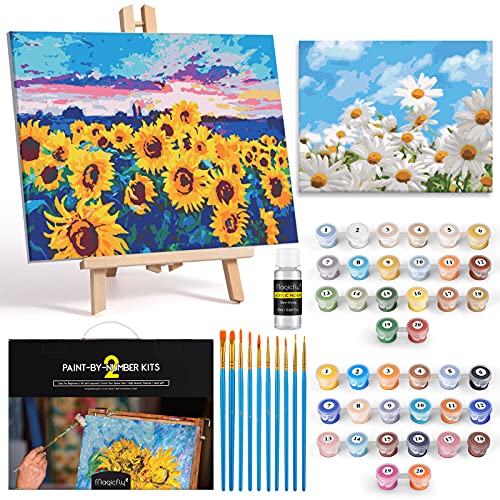 Magicfly Pintar por Numeros con Marco para Adultos Principiante, Flores Girasol, Margarita Kit de DIY Pintura Acrílica con caballete de madera, 10 Pinceles