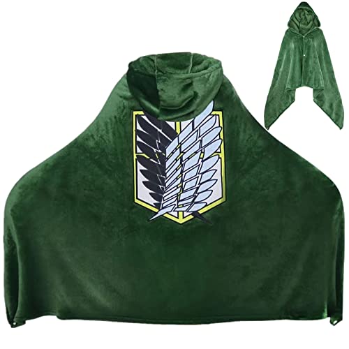 Manta de Ataque a Titán Capa: Capa de Cosplay Disfraz de Halloween con capucha Poncho de felpa verde suave y cálido Anime acogedor abrigo de ángel divertido chal de lana adulto niño de 170 x 90 cm