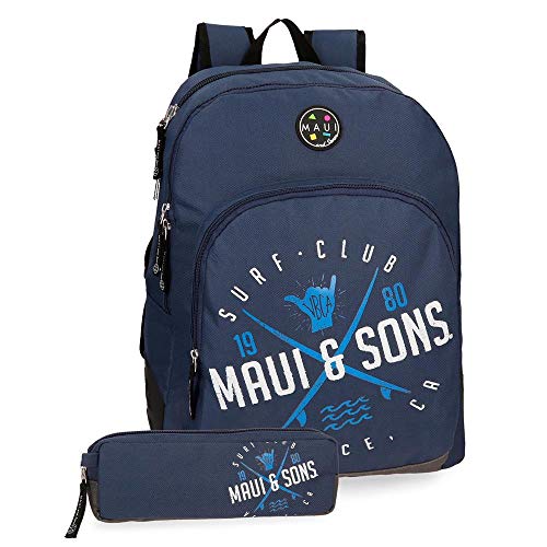 Maui & Sons Shaka Mochila adaptable doble compartimento + estuche escolar, color Azul Marino