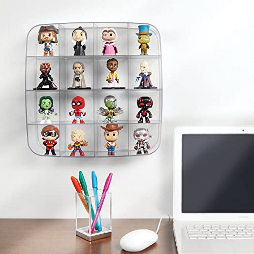 mDesign Vitrina coleccionista – Caja expositora para pared en plástico con 16 divisiones – Estantería de pared cuadrada para coches de colección, figuras, esmalte de uñas o perfumes – transparente