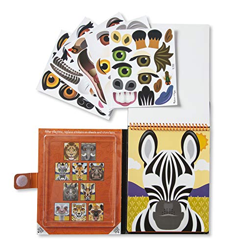 Melissa & Doug - On the Go Make-a-Face – Cuaderno de pegatinas reutilizables – Juguete de viajes – Cuaderno de actividades – Animales de safari (10 escenas, 66 pegatinas que se agarran)