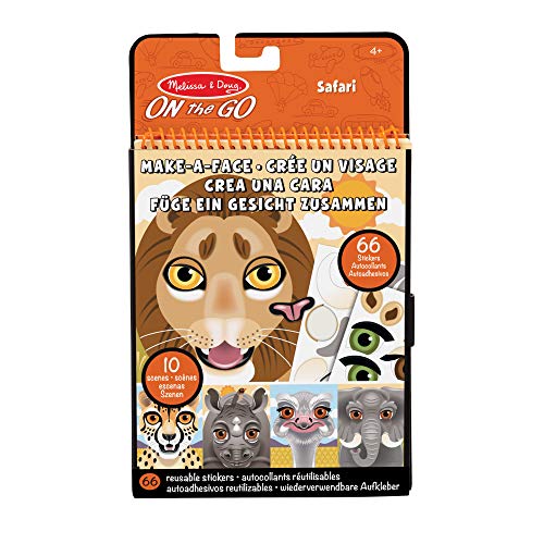 Melissa & Doug - On the Go Make-a-Face – Cuaderno de pegatinas reutilizables – Juguete de viajes – Cuaderno de actividades – Animales de safari (10 escenas, 66 pegatinas que se agarran)