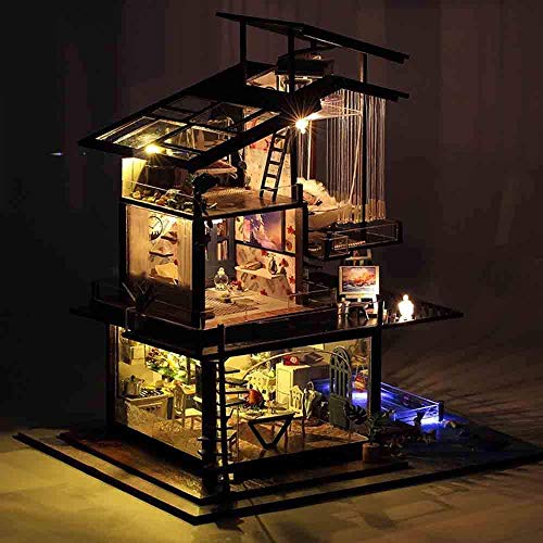 Miniatura de casa de muñecas de Madera DIY con Kit de Muebles, Villa Costera DIY Valencia, con luz LED y Marco de Madera para Regalo de cumpleaños Creativo (Blue Times)