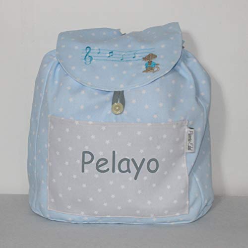 Mochila ratón músico, azul gris, confeccionada en pique y personalizada con nombre (27 x 30 x 14 cm. aproximadamente)