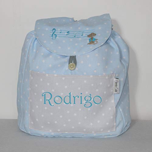 Mochila ratón músico, azul gris, confeccionada en pique y personalizada con nombre (27 x 30 x 14 cm. aproximadamente)