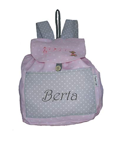 Mochila ratón músico, rosa gris, confeccionada en pique y personalizada con nombre (27 x 30 x 14 cm. aproximadamente)