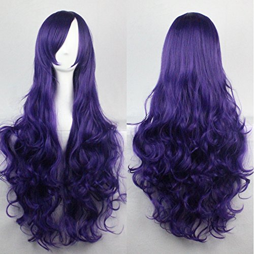 Mujeres Ladies Girls 80cm color púrpura largo rizado pelucas de alta calidad Carve pelo del partido de Cosplay del Anime del traje Bangs completa Sexy Pelucas