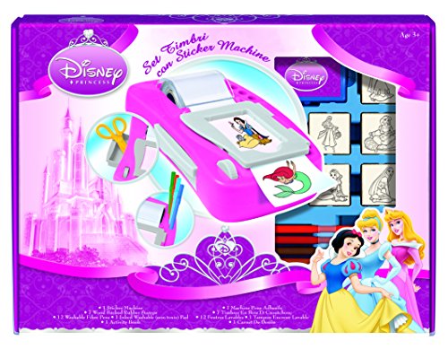 Multiprint Máquina crea Pegatinas Disney Princess, Made in Italy, 7 Sellos, Álbum con Marcadores, Set Sellos Niños Persolanizados, en Madera y Caucho Natural, Tinta Lavable no Tóxica, Idea de Regalo, art.08660