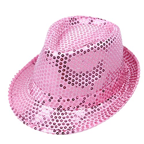 MYhose Sombrero de Jazz con Lentejuelas Brillantes, ala Ancha con puños de Color sólido, actuación, Escenario de Baile, espectáculo mágico, Bar, Gorra de Fiesta, Disfraz, Rosa, 1 niño