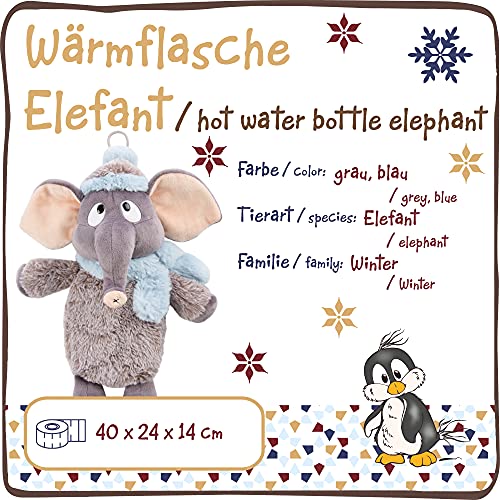 NICI 47297 2 en 1 Elefante Agua Caliente 350ml – Suaves Juguetes de Calentamiento niños – Peluches con Botellas para Cama Desde los 10 Meses, Gris/Azul, Color