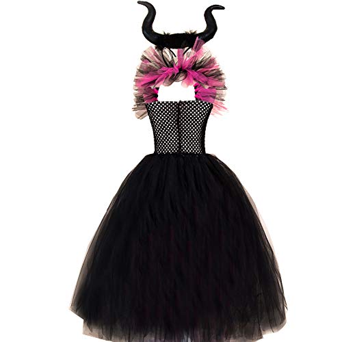 OBEEII Disfraz de Ecuernos Malefica Niñas Deluxe Maleficent Christening Gown Fancy Dress Costume para Halloween Cosplay Carnaval Disfraces