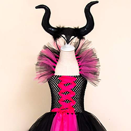 OBEEII Disfraz de Ecuernos Malefica Niñas Deluxe Maleficent Christening Gown Fancy Dress Costume para Halloween Cosplay Carnaval Disfraces