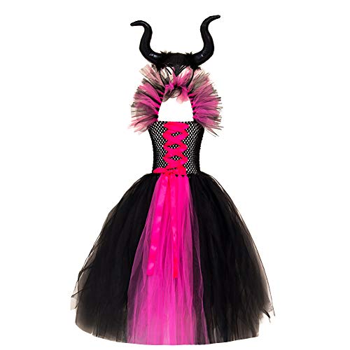 OBEEII Disfraz de Ecuernos Malefica Niñas Deluxe Maleficent Christening Gown Fancy Dress Costume para Halloween Cosplay Carnaval Disfraces