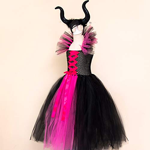 OBEEII Disfraz de Ecuernos Malefica Niñas Deluxe Maleficent Christening Gown Fancy Dress Costume para Halloween Cosplay Carnaval Disfraces