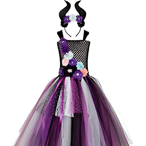 OBEEII Disfraz de Ecuernos Malefica Niñas Deluxe Maleficent Christening Gown Fancy Dress Costume para Halloween Cosplay Carnaval Vestido 3-4 Años