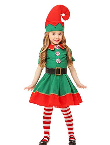 Odziezet Adulto Niño Niña Disfraz Conjunto Duende Verde Traje Falda Navidad Cosplay Halloween 5PC