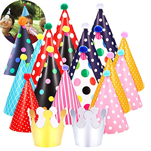 OSUTER 44PCS Gorros de Fiesta Cono Gorros de Fiesta Cumpleaños Sombrero de Fiesta con Poms para Los Cabritos y Los Adultos Fiesta Bienvenida al Bebé Favores