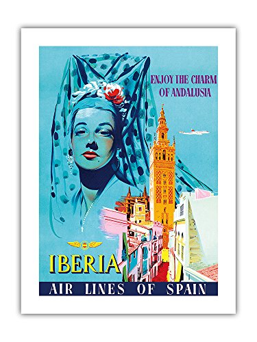 Pacifica Island Art Andalucía, España - Señorita con Velo de Mantilla, Catedral de Sevilla - Iberia - Póster Viaje Línea aérea c.1950s - Impresión de Arte de Papel Premium de Bambú 290gsm - 43x56cm