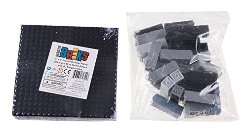 Pack de 4 Bases con Ladrillos separadores 2 x 2 - Construcción en Forma de Torre - Compatible con Todas Las Marcas - Negro y Gris - 15,24 x 15,24 cm