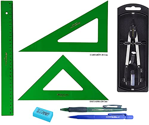 PACK LOTE Faber Castell Técnico - Regla 813-30 Cms + Escuadra 566-28 Cms + Cartabón 666-28 Cms + Bigotera Compás con adaptador universal 32722-8 + REGALO