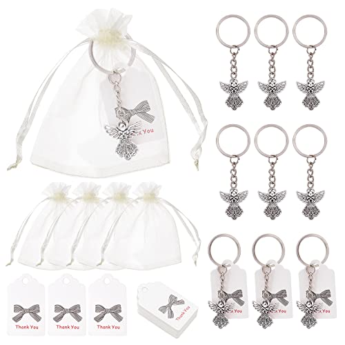 PandaHall 30 Juegos de Llavero de ángel, Regalos de Agradecimiento a Favor, Colgantes de ángel de la Guarda, encantos tibetanos de Plata de 12 x 9 cm, Bolsas de Organza de 4,72 x 3,54 cm, Etiquetas