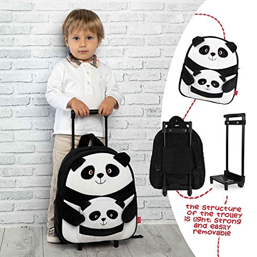 PERLETTI Mochila Trolley Infantil con Oso Panda de Peluche - Bolsa con Ruedas y Muñeco para Niños Niñas 3 4 5 Años - Pequeño Bolso Escolar para Escuela Guardería Viaje - 29x33x11 cm (Panda)