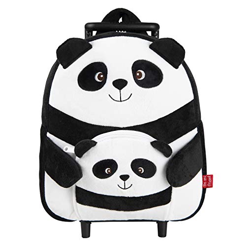 PERLETTI Mochila Trolley Infantil con Oso Panda de Peluche - Bolsa con Ruedas y Muñeco para Niños Niñas 3 4 5 Años - Pequeño Bolso Escolar para Escuela Guardería Viaje - 29x33x11 cm (Panda)