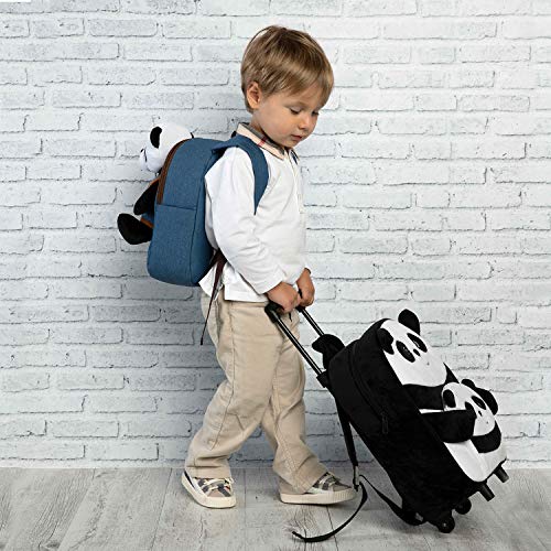 PERLETTI Mochila Trolley Infantil con Oso Panda de Peluche - Bolsa con Ruedas y Muñeco para Niños Niñas 3 4 5 Años - Pequeño Bolso Escolar para Escuela Guardería Viaje - 29x33x11 cm (Panda)