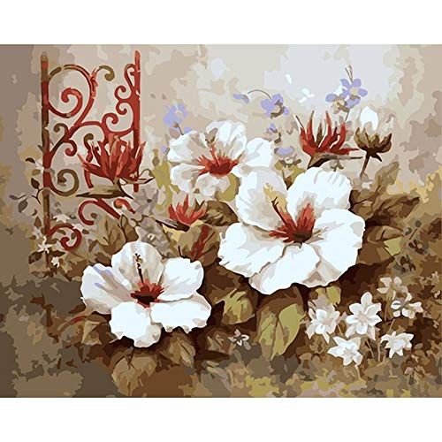 Pintura Al Óleo Digital,Por Número De Kits De Pintura Lienzo Pintura Al Óleo De Bricolaje Para Niños, Estudiantes, Adultos Principiantes Con Cepillos Y Pigmento Acrílico - Vintage Flor Blanca 16"