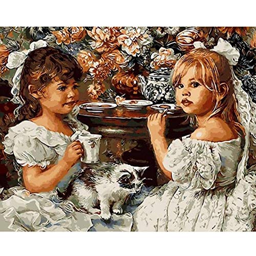 Pintura Al Óleo Digital,Por Número De Kits De Pintura Lienzo Pintura Al Óleo De Bricolaje Para Niños, Estudiantes, Adultos Principiantes Con Cepillos Y Pigmento Acrílico -Bastante Hermanas Flor"